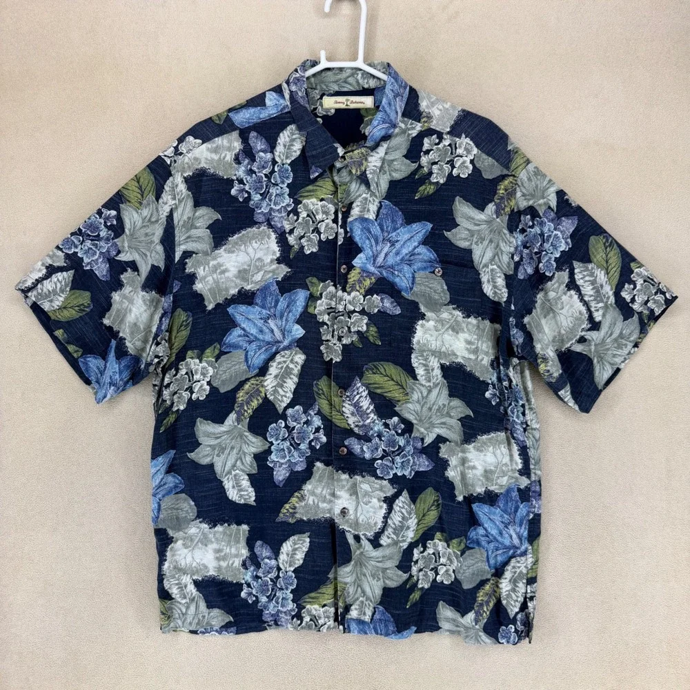 Tommy Bahama Mens XL Short Sleeve Button Down‎ Shirt Floral Print Blue Green
